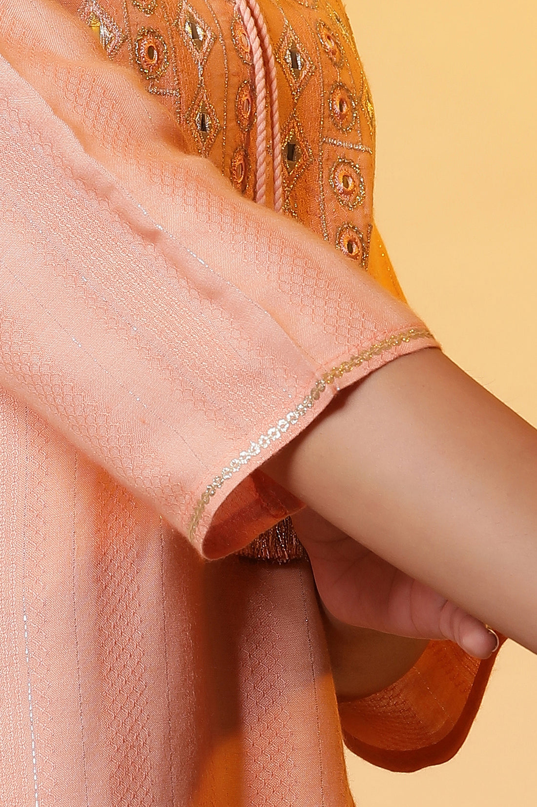 Peach Solid Mirror Embroidered Straight Woven Kurta