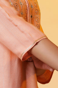 Peach Solid Mirror Embroidered Straight Woven Kurta