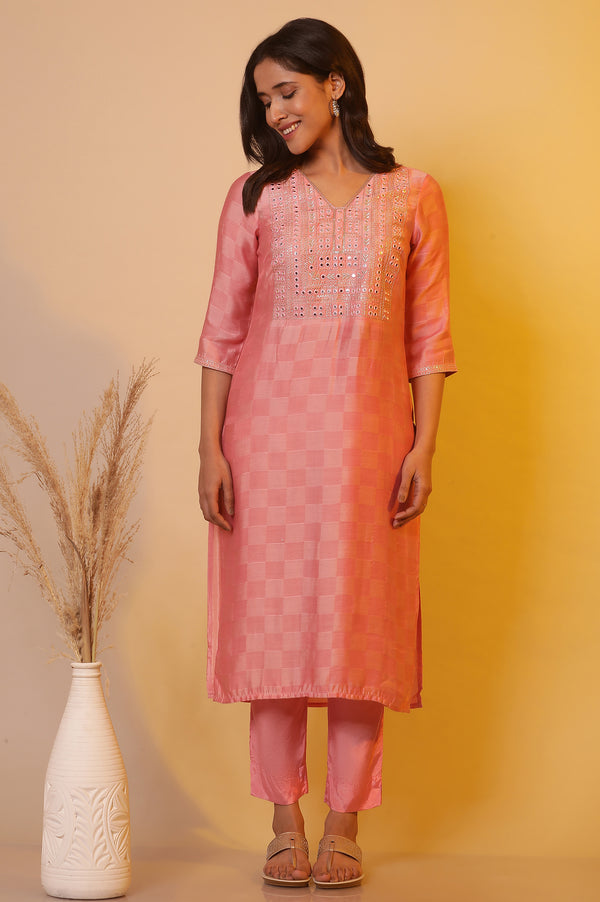 Pink Textured Shantung Embroidered Kurta