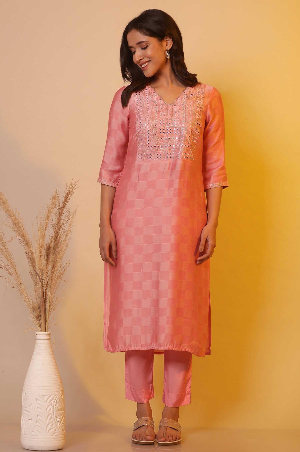 Pink Embroidered Tonal Mirror Straight Shantung Kurta - XS