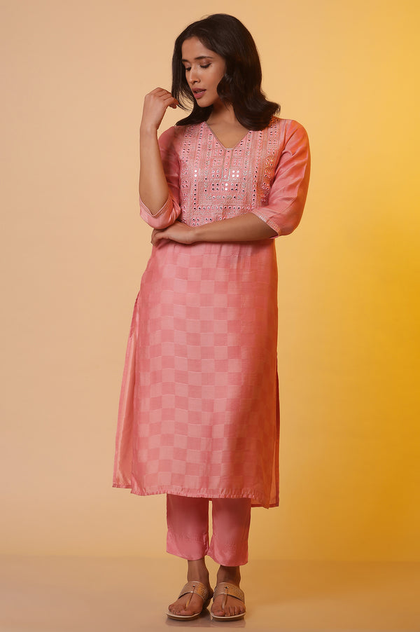 Pink Embroidered Tonal Mirror Straight Shantung Kurta