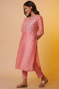 Pink Embroidered Tonal Mirror Straight Shantung Kurta