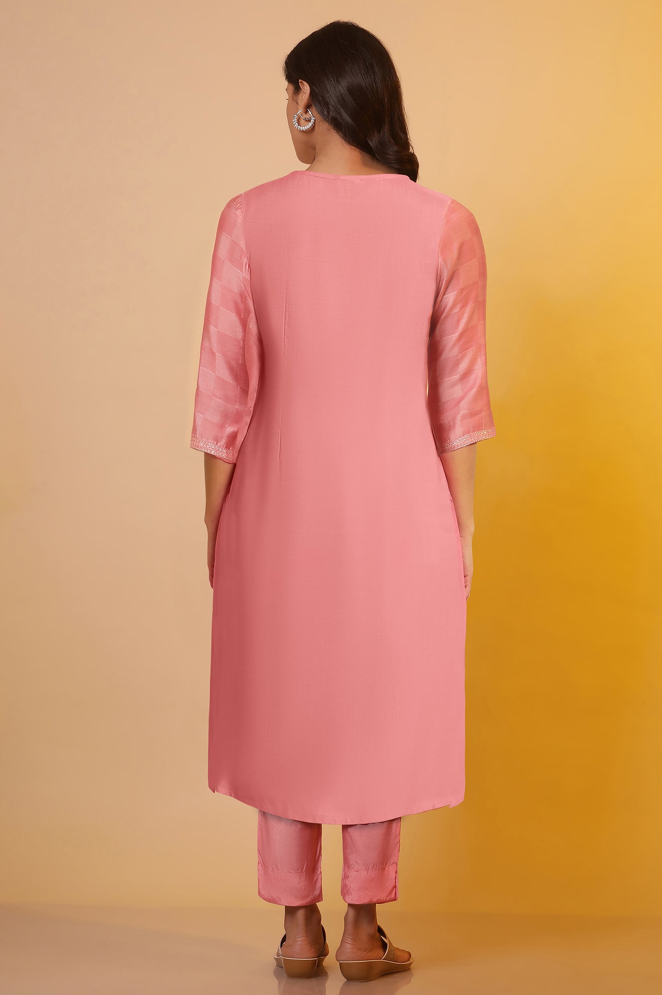 Pink Textured Shantung Embroidered Kurta