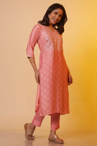 Pink Embroidered Tonal Mirror Straight Shantung Kurta