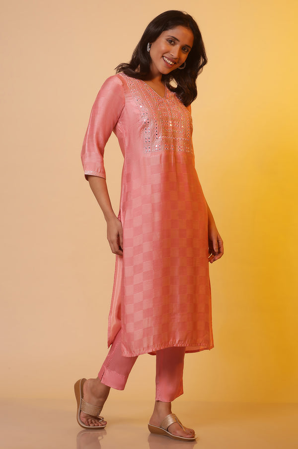 Pink Embroidered Tonal Mirror Straight Shantung Kurta