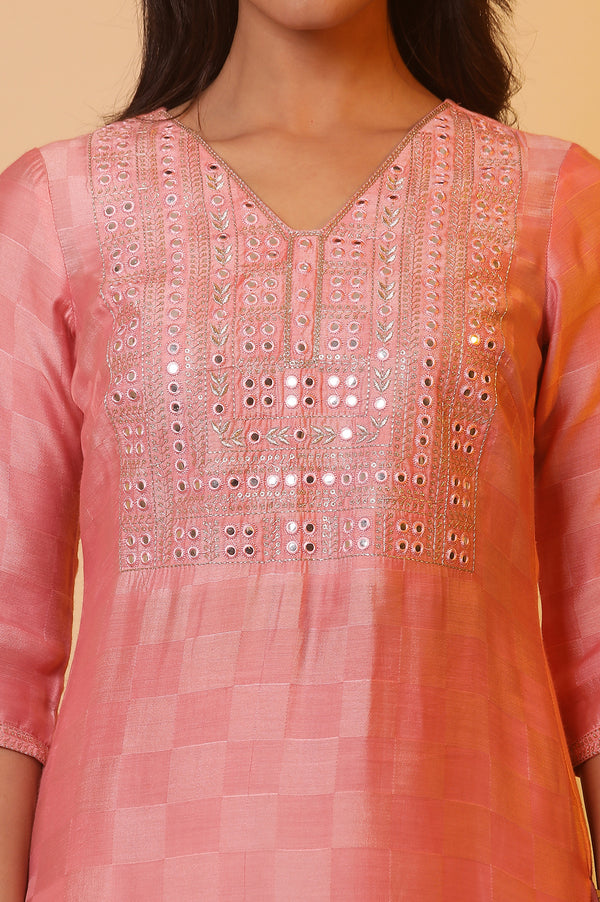 Pink Embroidered Tonal Mirror Straight Shantung Kurta