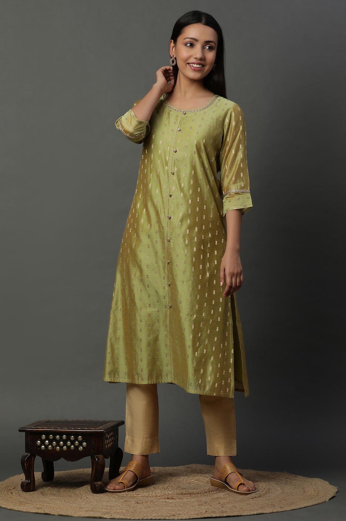 Green Jacquard Festive Kurta - XS
