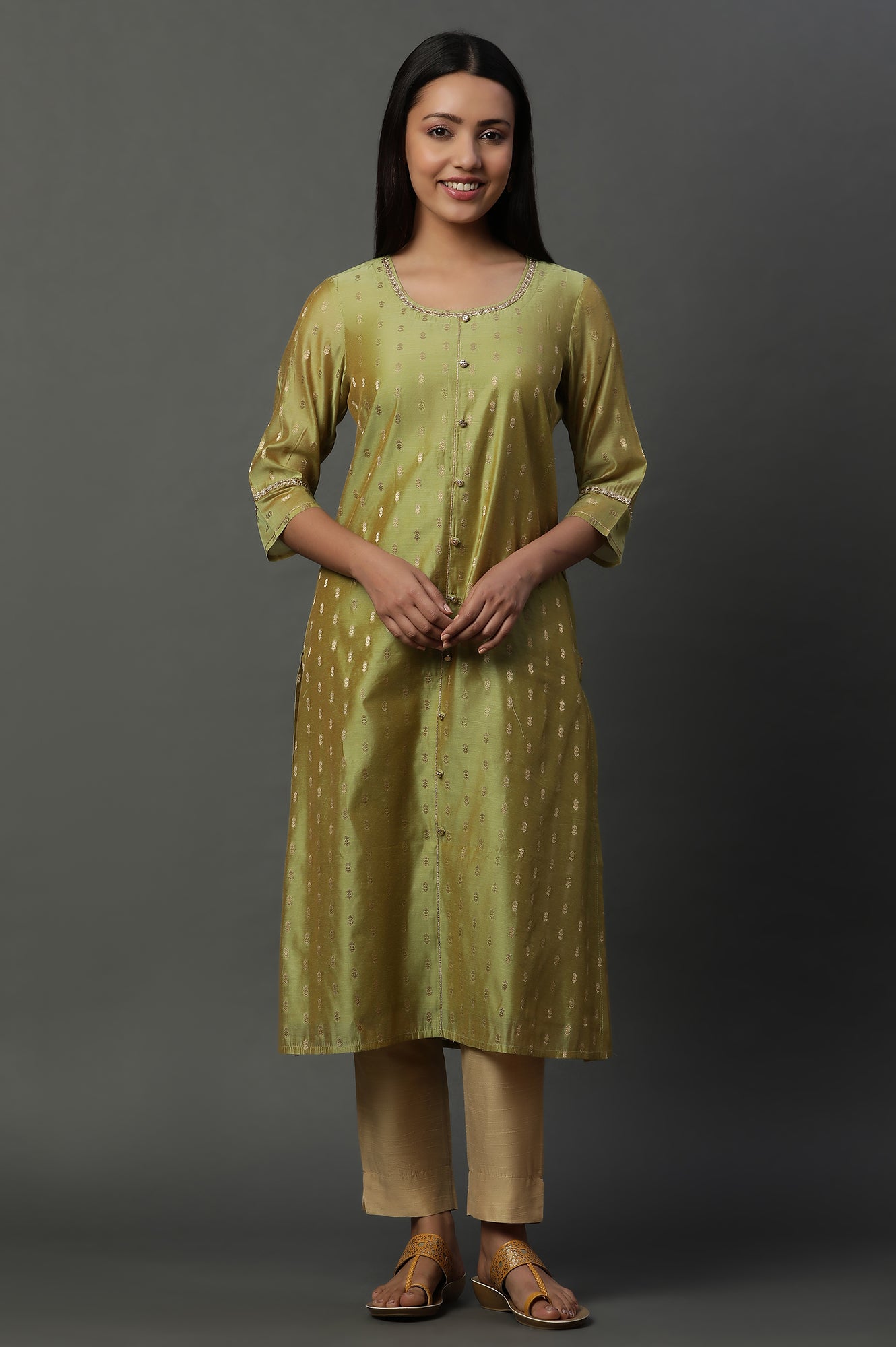 Green Jacquard Festive Kurta