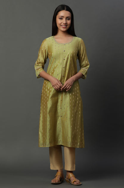 Green Jacquard Festive Kurta