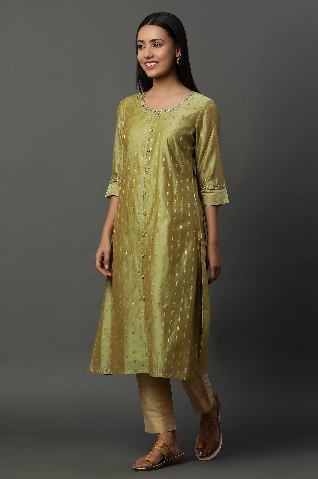 Green Jacquard Festive Kurta