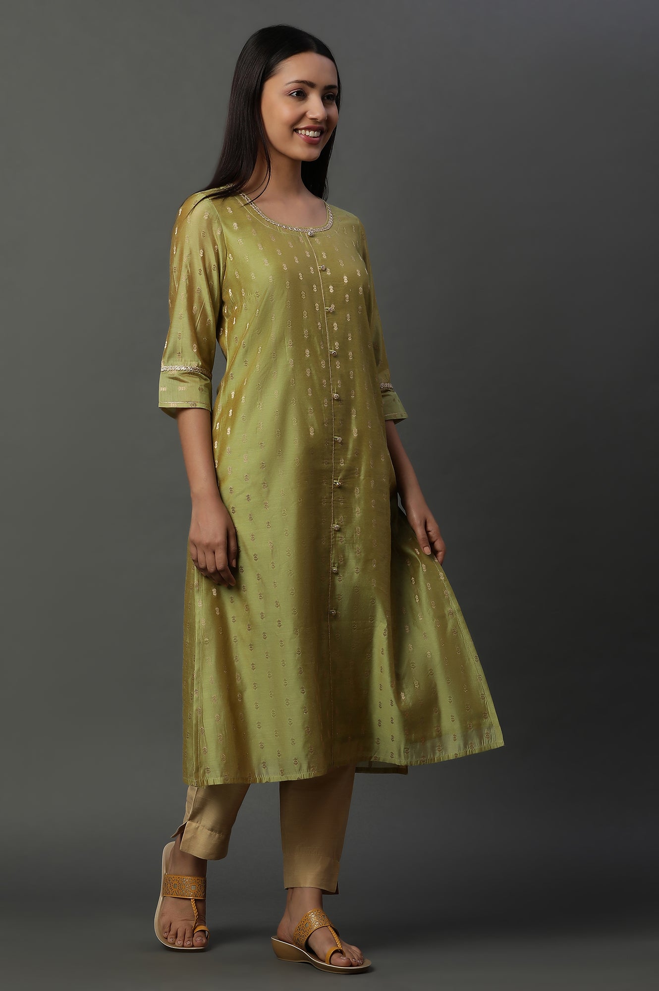 Green Jacquard Festive Kurta