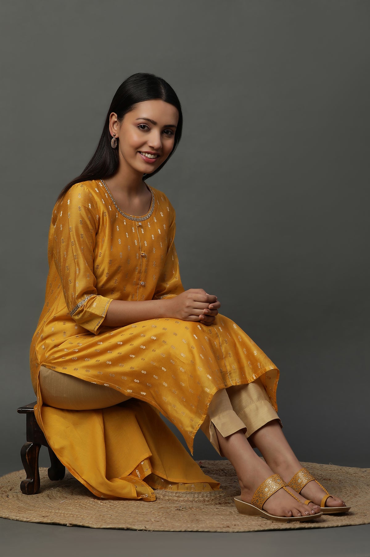Yellow Jacquard Festive Kurta - XS