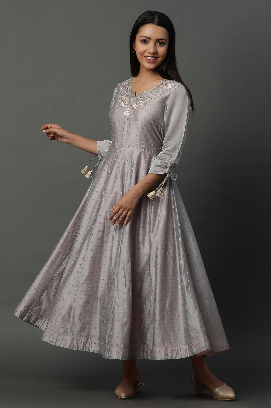 Grey Zari Embroidered Flared Dress
