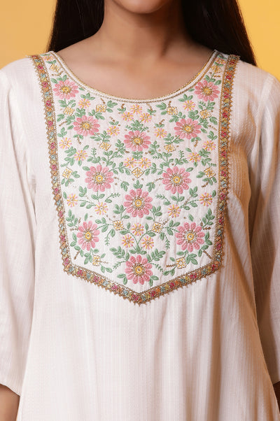 White Metallic Embroidery Straight Kurta and Palazzo Set