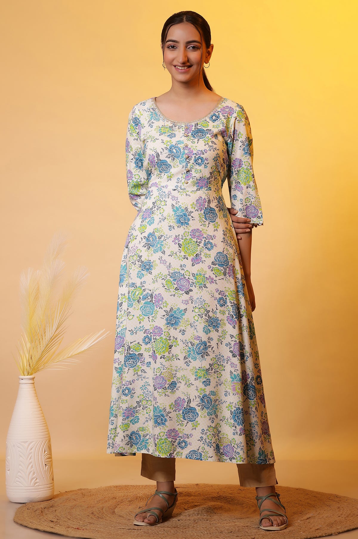 White and Blue Floral Printed Flared Kurta - XS