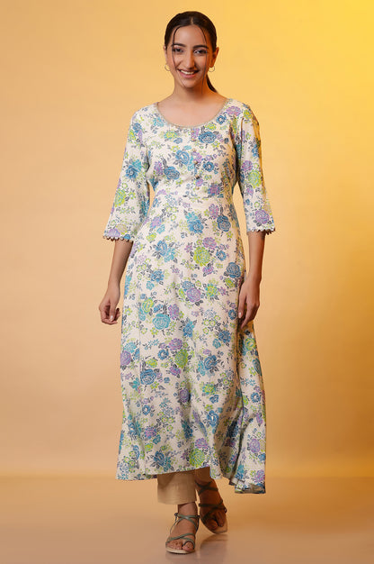 White and Blue Floral Printed Flared Kurta