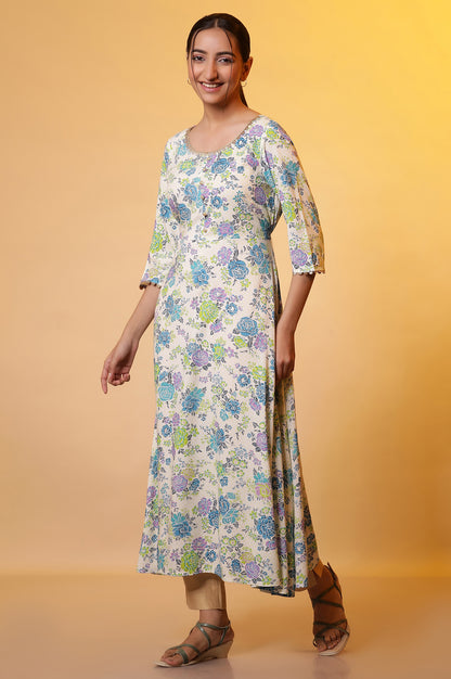 White and Blue Floral Printed Flared Kurta