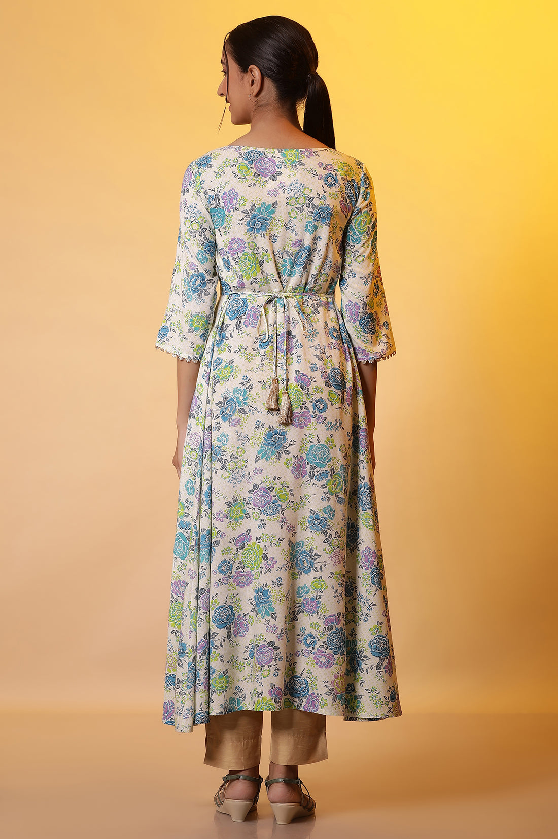 White and Blue Floral Printed Flared Kurta