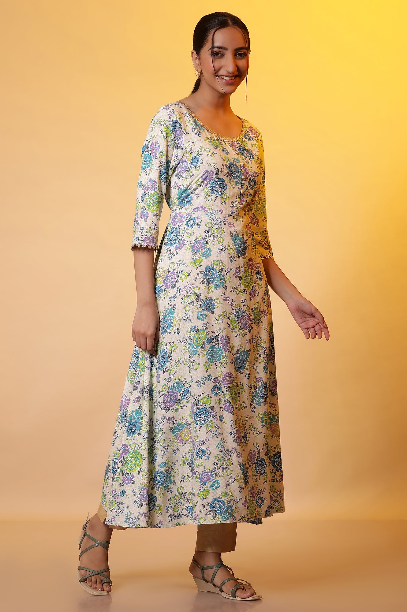 White and Blue Floral Printed Flared Kurta