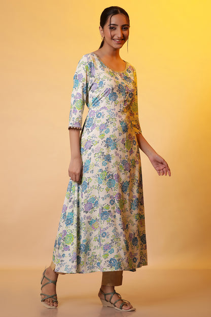 White and Blue Floral Printed Flared Kurta