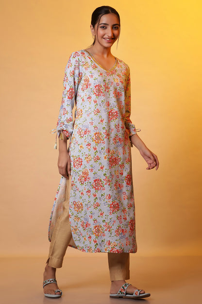 Blue Floral Printed Kurta with Embroidered Neck