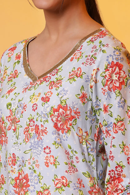 Blue Floral Printed Kurta with Embroidered Neck