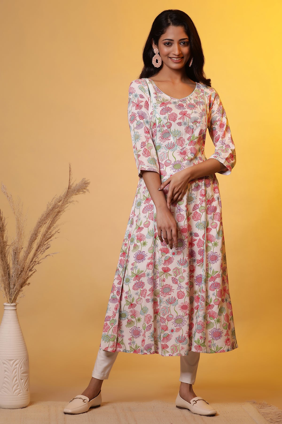 White Flared Kurta with Floral Print - XS
