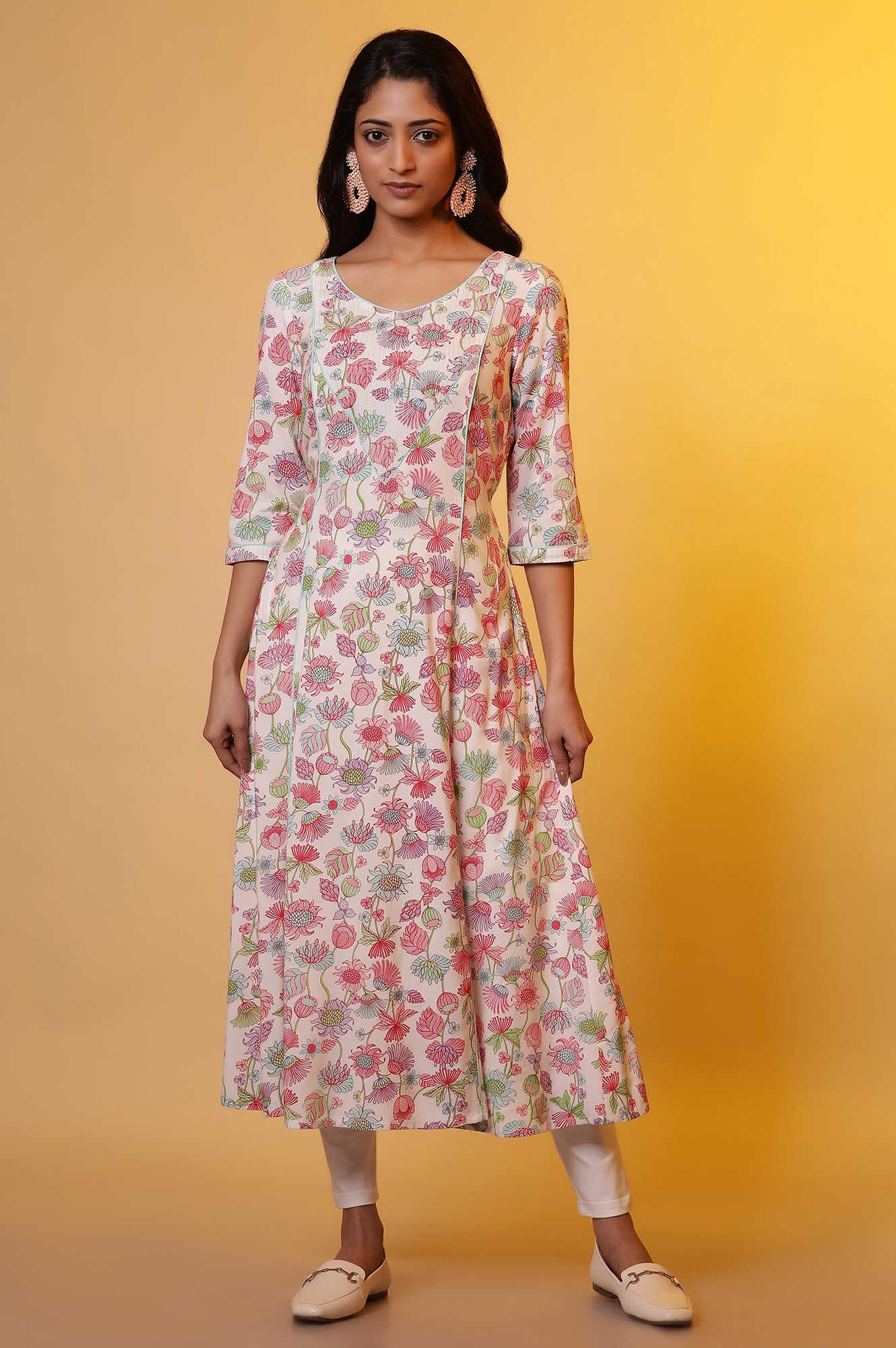 White Flared Kurta with Floral Print