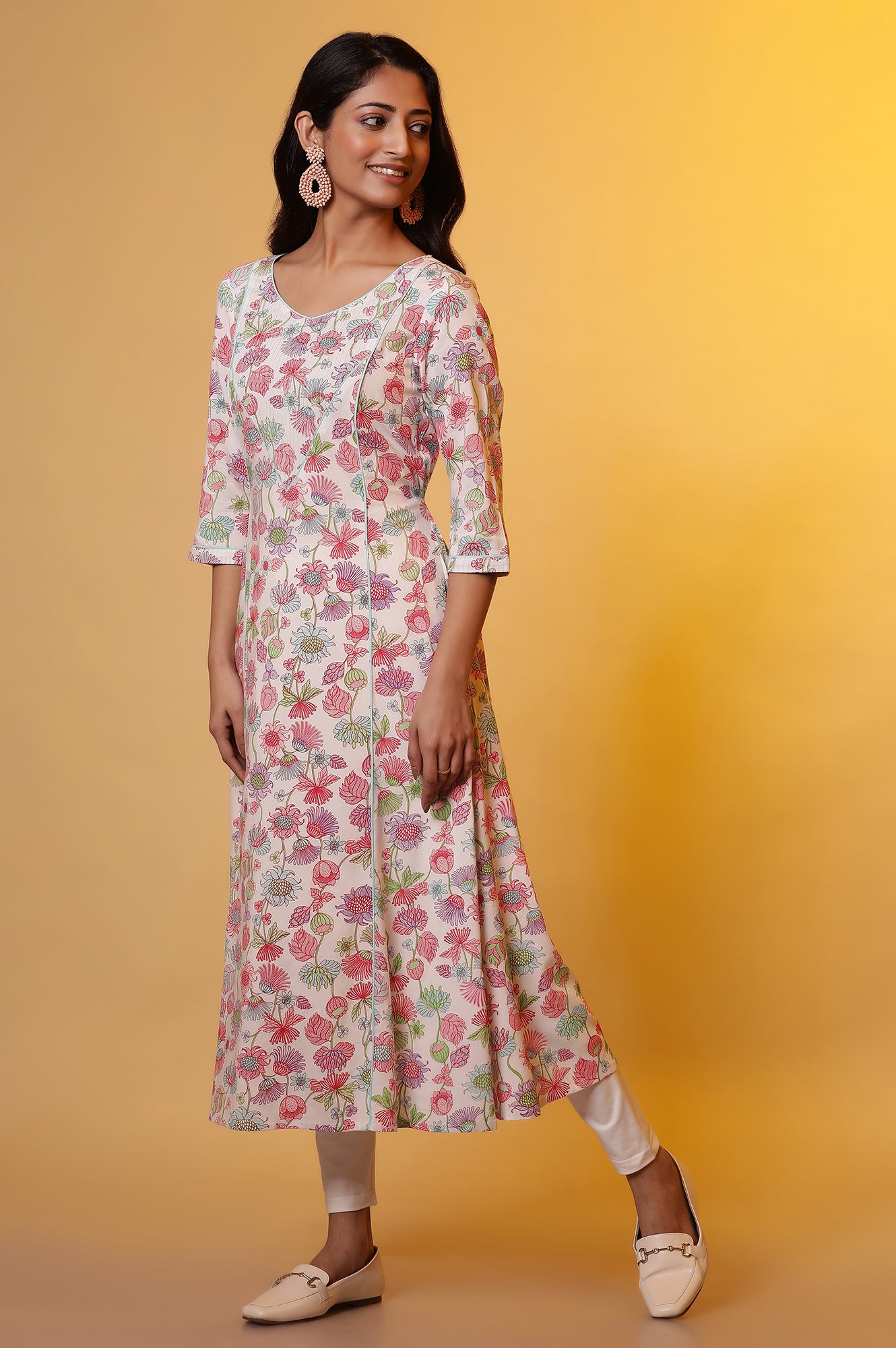 White Flared Kurta with Floral Print