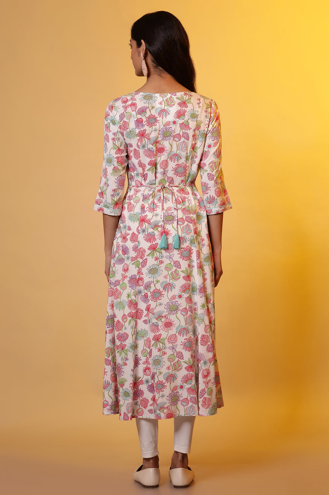 White Flared Kurta with Floral Print