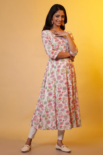 White Flared Kurta with Floral Print