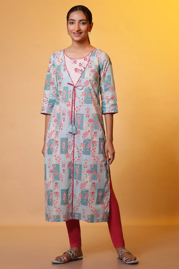 Elleven Women's Blue Floral Printed Kurta Kansai Thread