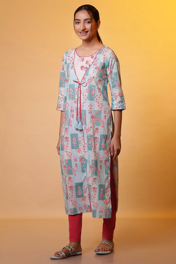 Elleven Women's Blue Floral Printed Kurta Kansai Thread