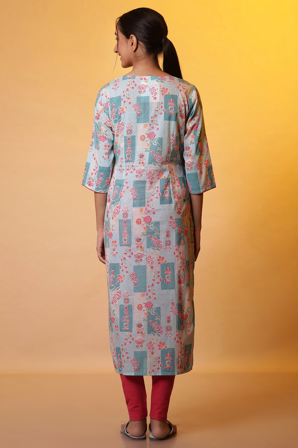 Elleven Women's Blue Floral Printed Kurta Kansai Thread
