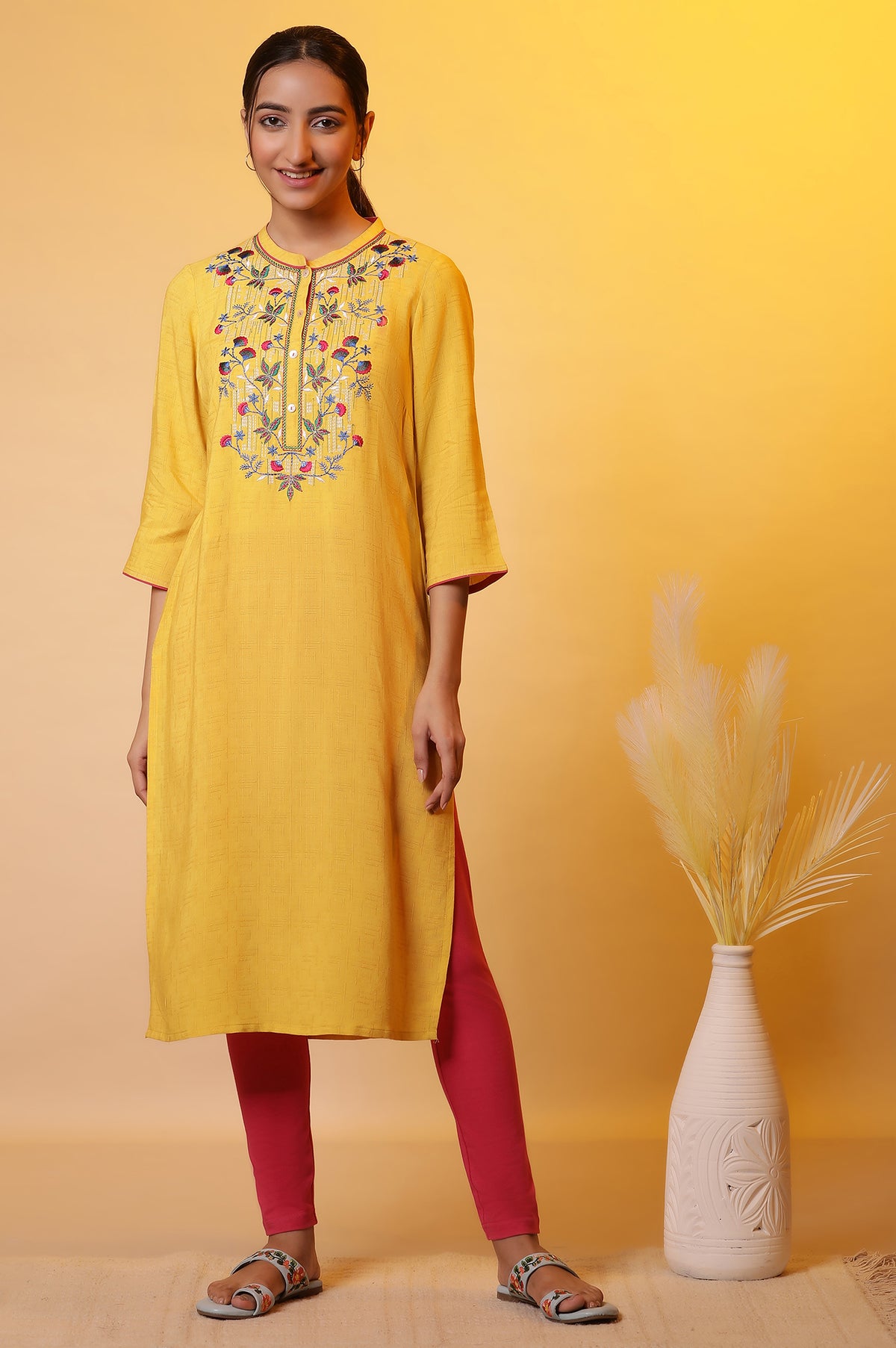 Mustard Yellow Embroidered Kurta - XS