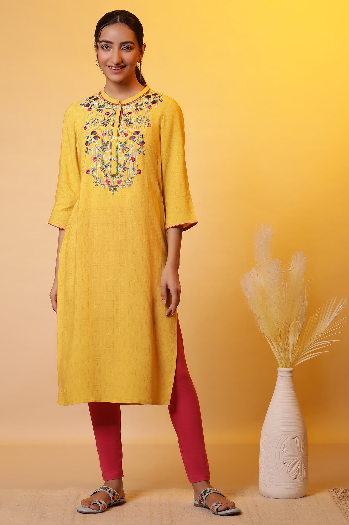 Mustard Yellow Embroidered Kurta