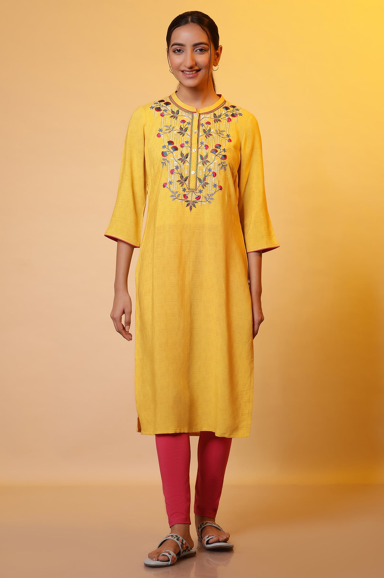 Mustard Yellow Embroidered Kurta