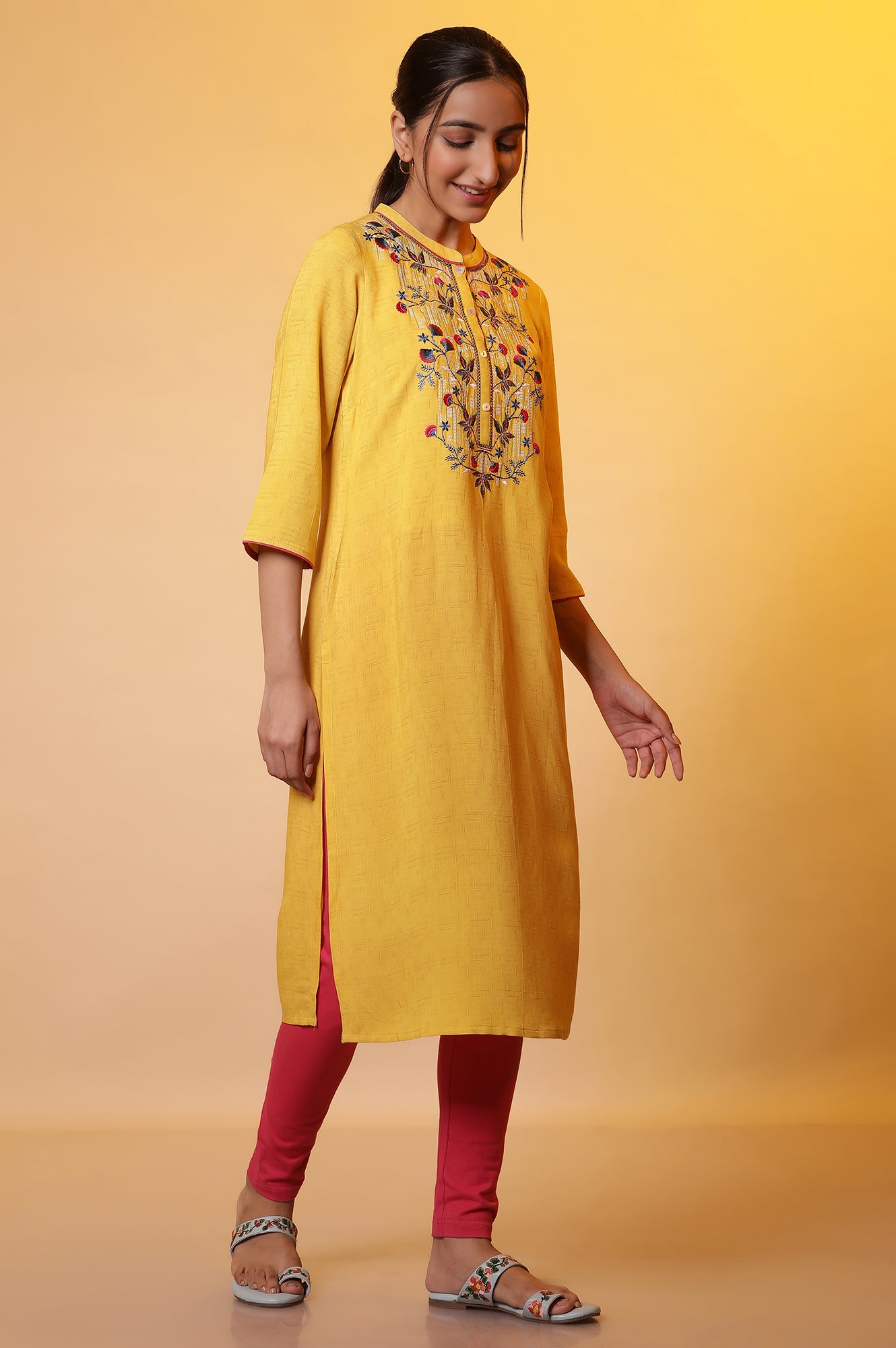 Mustard Yellow Embroidered Kurta