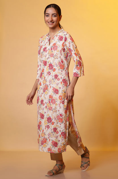 White Straight Kurta with Red Floral Print