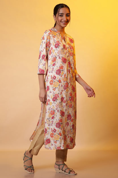 White Straight Kurta with Red Floral Print