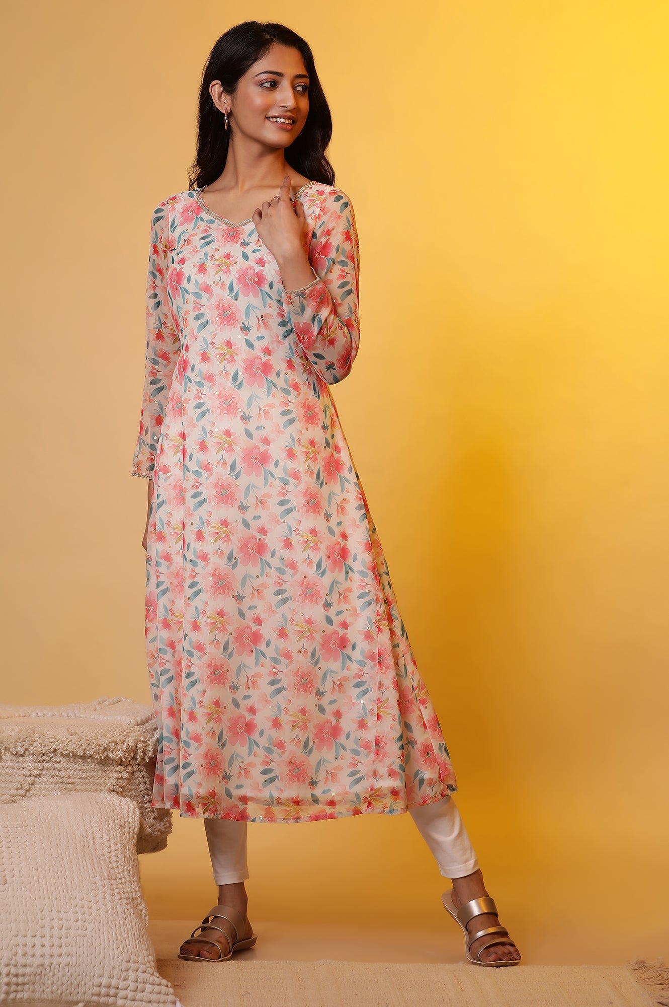 White A-line Organza Kurta with Pink Floral Print