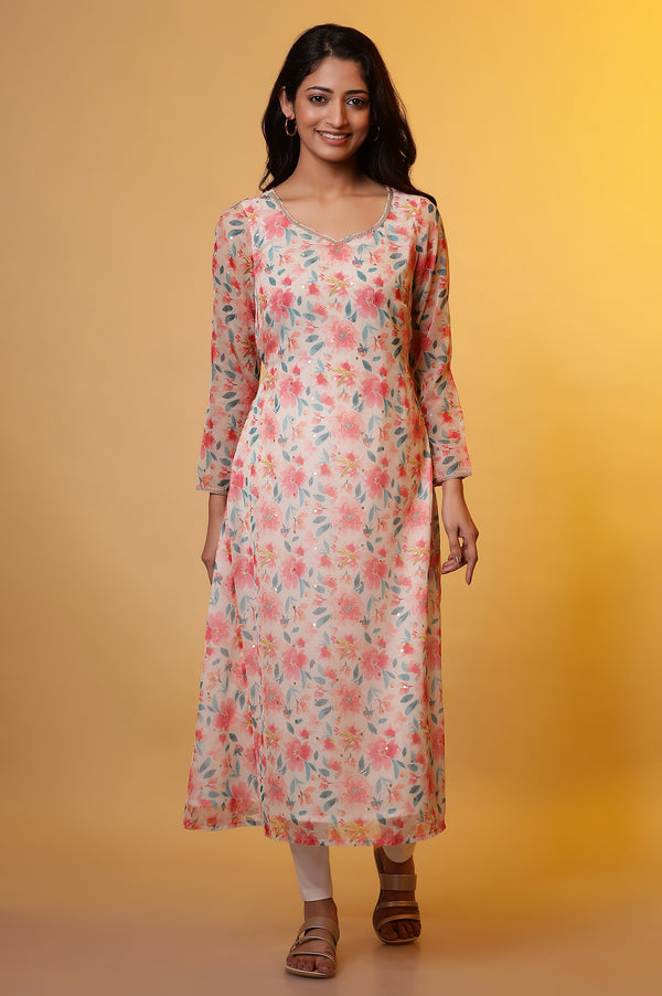 White A-line Organza Kurta with Pink Floral Print