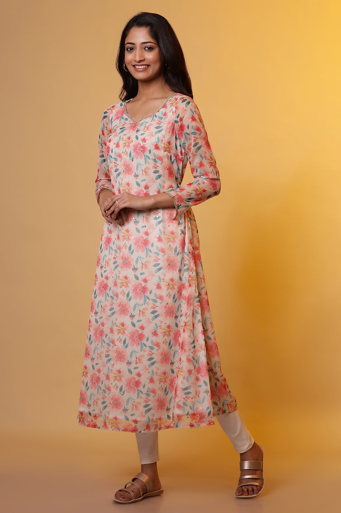 White A-line Organza Kurta with Pink Floral Print