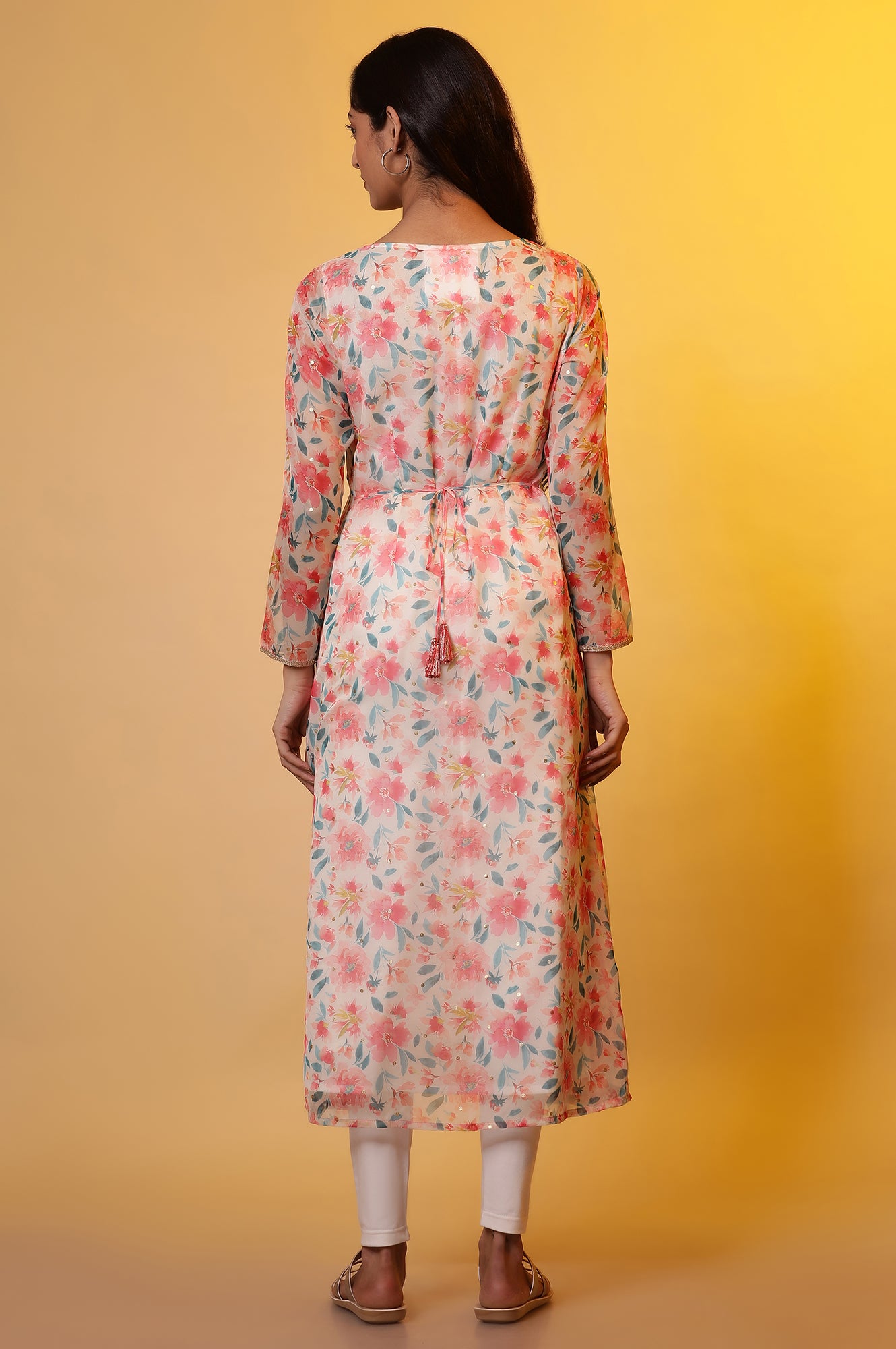 White A-line Organza Kurta with Pink Floral Print