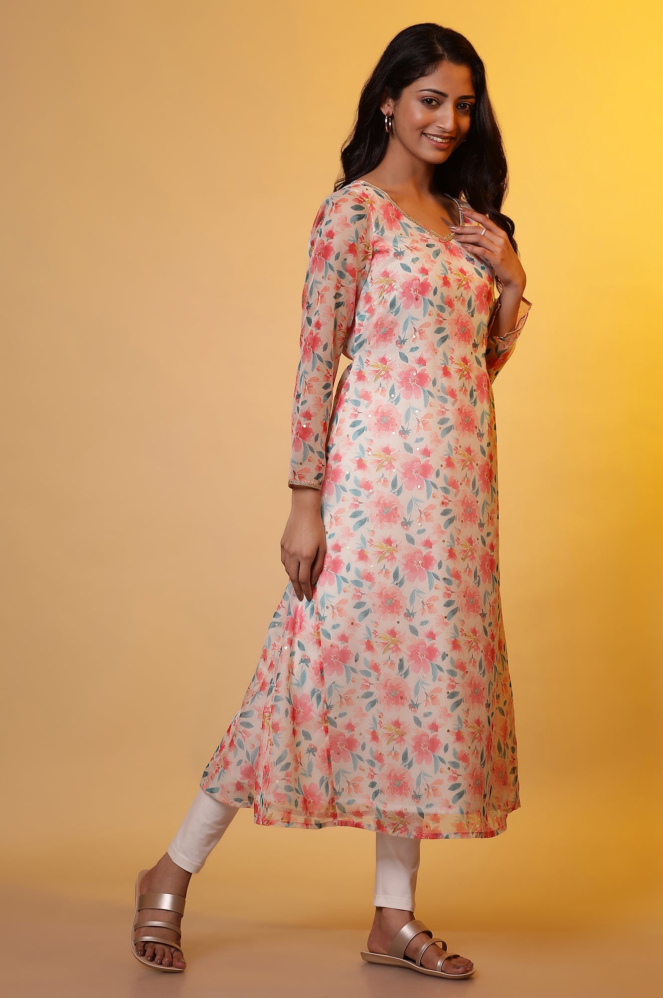 White A-line Organza Kurta with Pink Floral Print