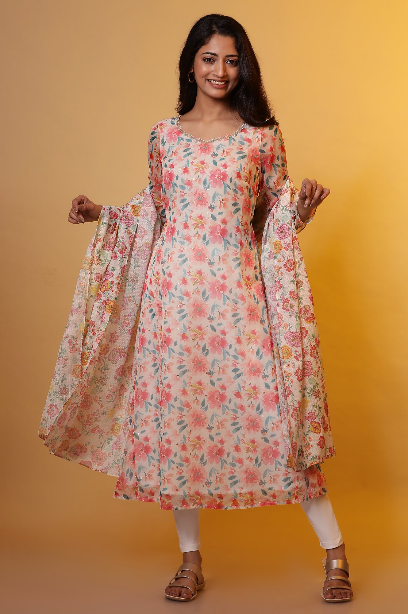 White A-line Organza Kurta with Pink Floral Print