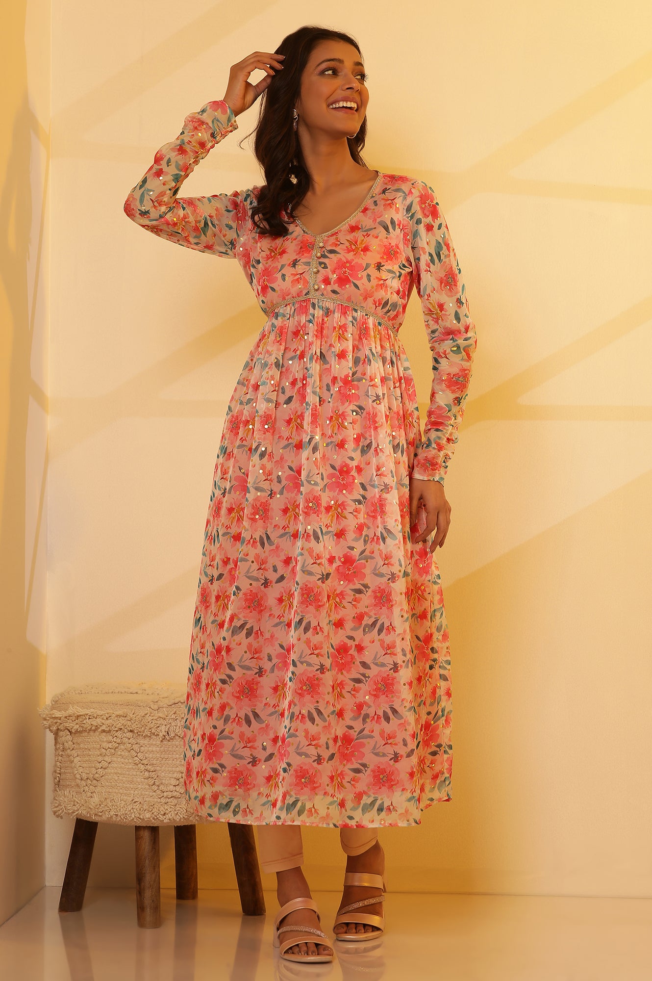 Pink Flared Floral Print Kurta with Gathers