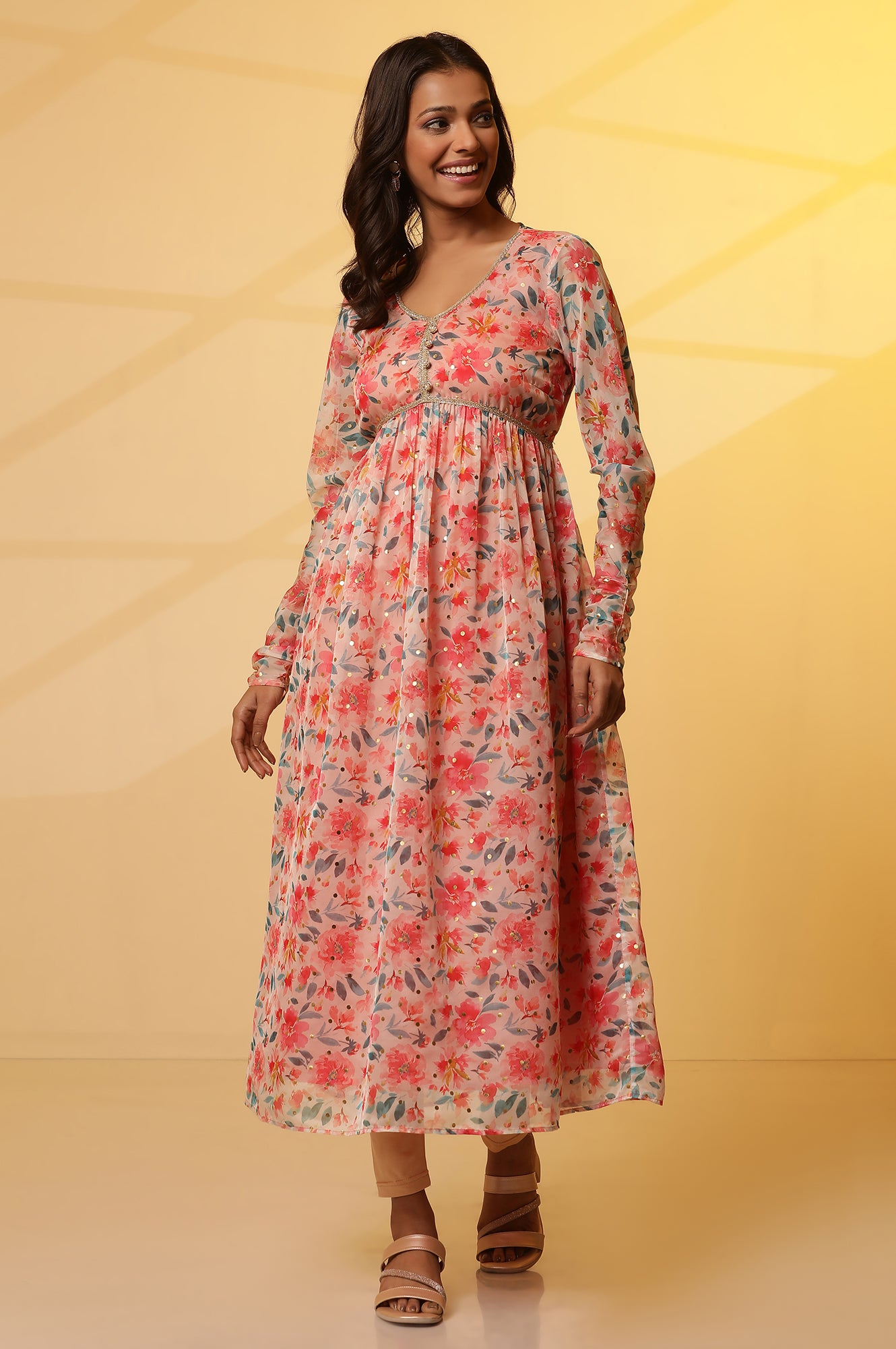 Pink Flared Floral Print Kurta with Gathers