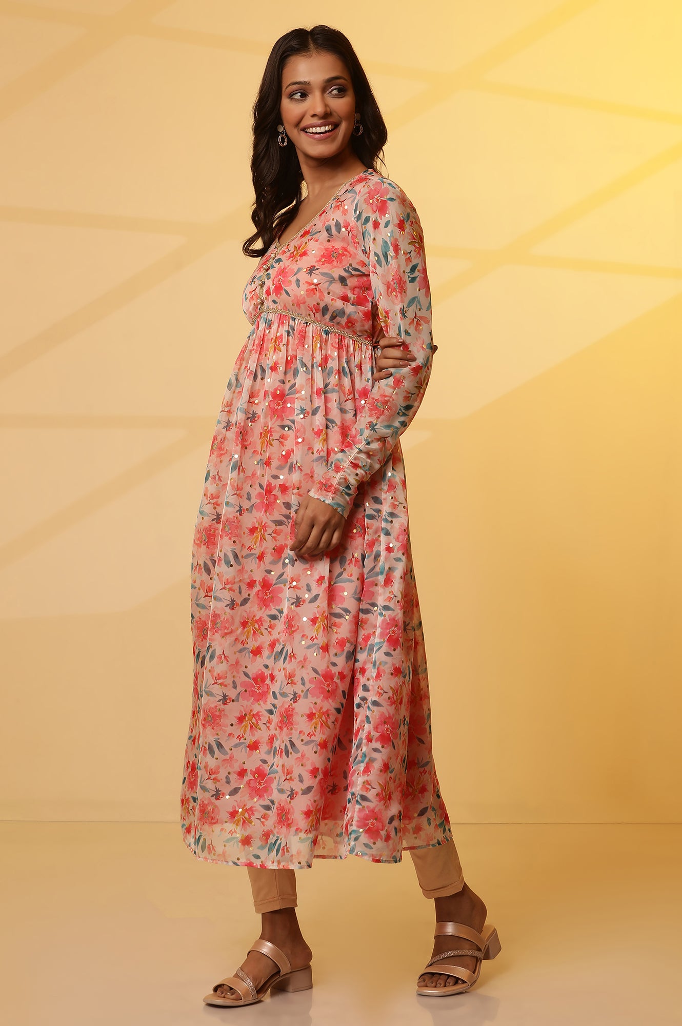 Pink Flared Floral Print Kurta with Gathers