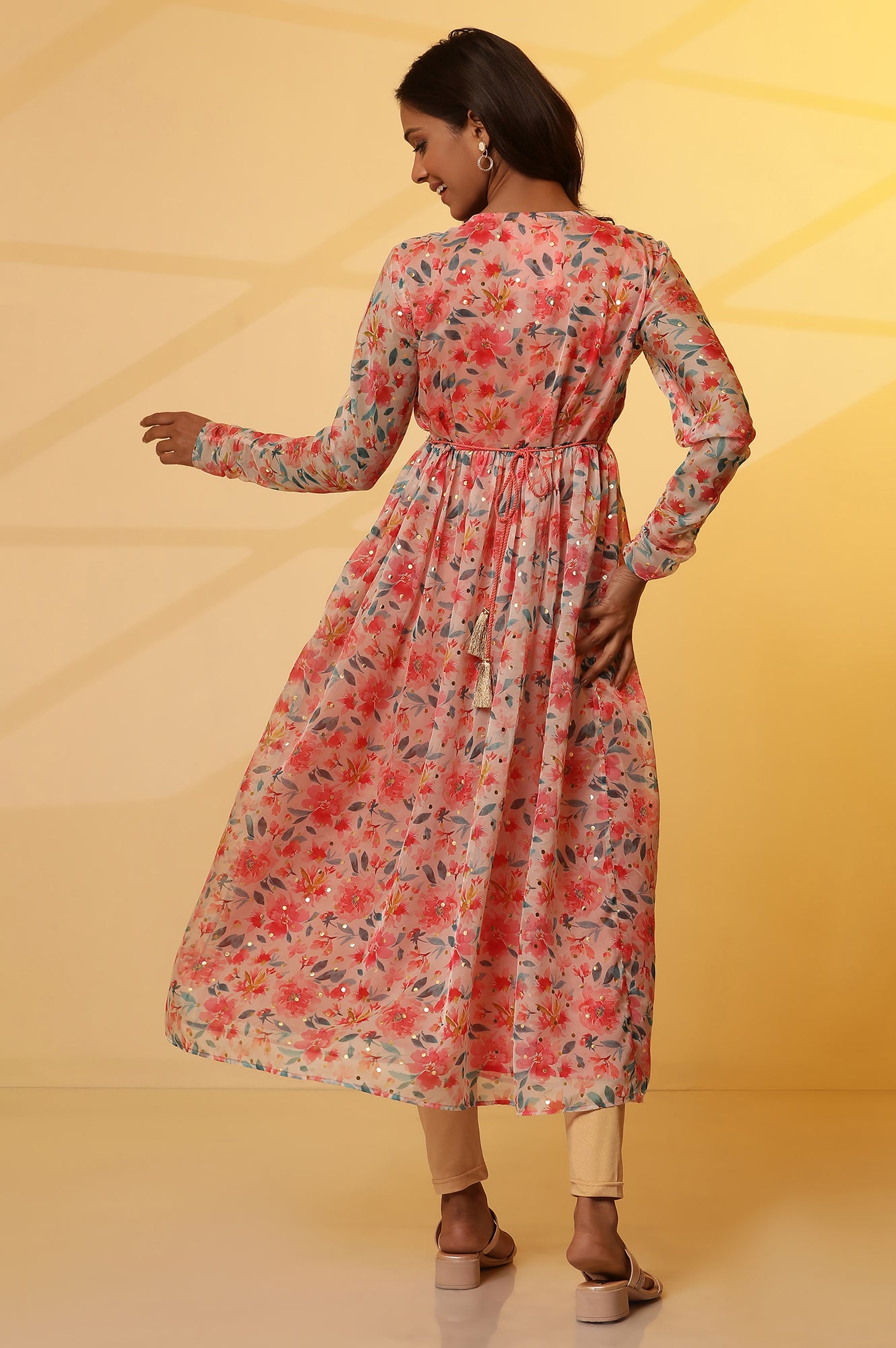 Pink Flared Floral Print Kurta with Gathers